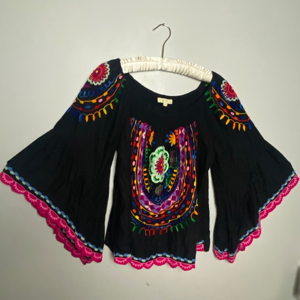 Ruby Yaya Black Embroidered Top Womens Small Boho Festival Artsy Gypsy Whimsical - Picture 5 of 11